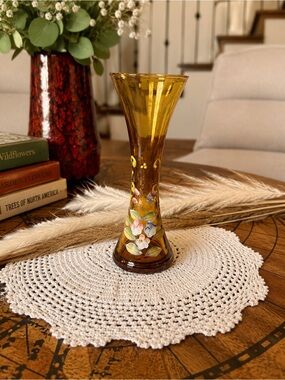 Bohemian Amber Glass Bud Vase | Hand-Painted Enamel Floral, Mid-Century Art Glas